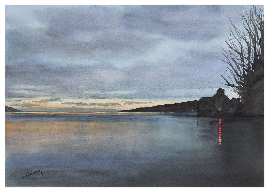 aquarelle Victoria Coiana Crépuscule à Chillon