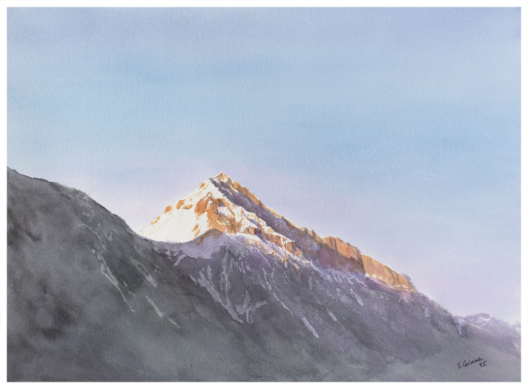 aquarelle Victoria Coiana soleil d'hiver sur le Grand Chavalard