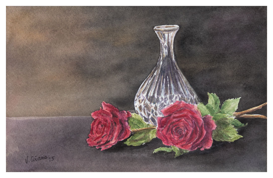natures mortes Victoria Coiana Roses au vase de cristal